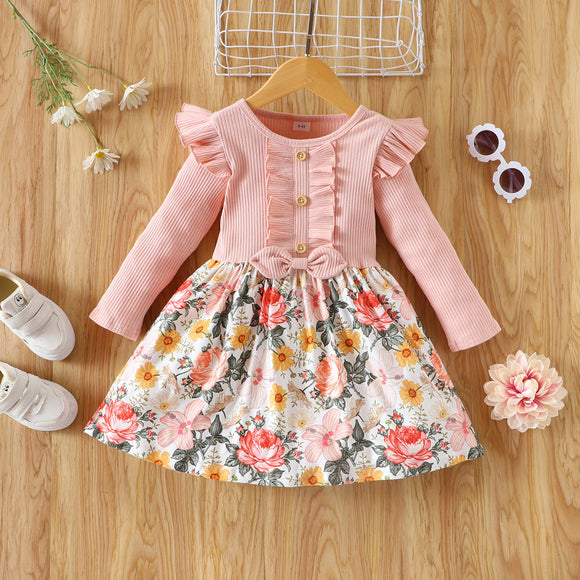 Toddler Girl Floral Print Stitching Ribbed Ruffled Button Design Long-sleeve Dress