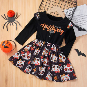 Toddler Girl Halloween Letter Cat Print Long-sleeve A-line Dress