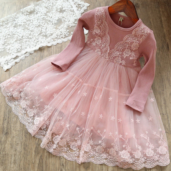 Toddler Girl Lace Floral Pattern Princess Party Pink Mesh Dress