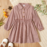 Toddler Girl Floral PrintPlaidSolid Lapel Collar Button Deign Long-sleeve Dress