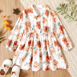 Toddler Girl Floral PrintPlaidSolid Lapel Collar Button Deign Long-sleeve Dress