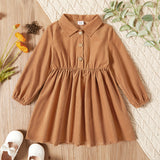 Toddler Girl Floral PrintPlaidSolid Lapel Collar Button Deign Long-sleeve Dress