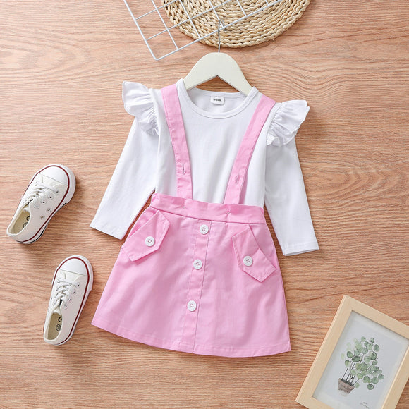 2-piece Toddler Girl Ruffled Long-sleeve White Tee and Button Design Suspender Skirt Set