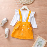 2-piece Toddler Girl Ruffled Long-sleeve White Tee and Button Design Suspender Skirt Set