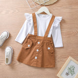 2-piece Toddler Girl Ruffled Long-sleeve White Tee and Button Design Suspender Skirt Set