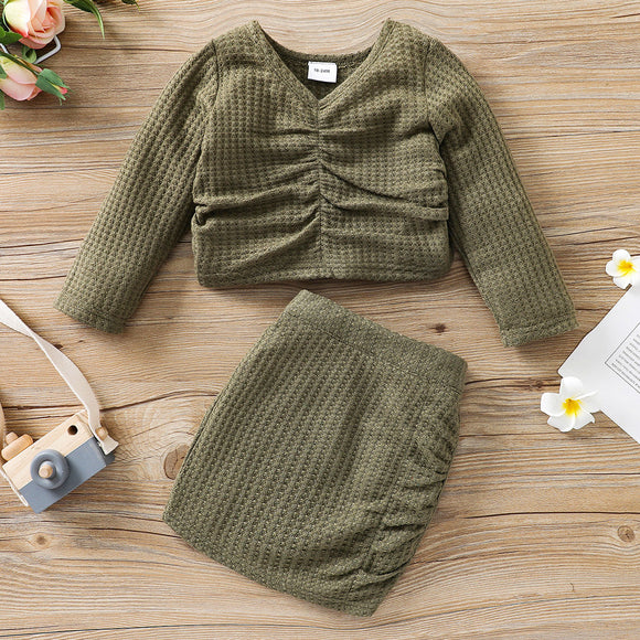 2-piece Toddler Girl V Neck Waffle Knit Ruched Long-sleeve Top and Skirt Set