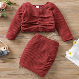 2-piece Toddler Girl V Neck Waffle Knit Ruched Long-sleeve Top and Skirt Set