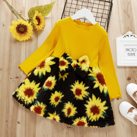 Toddler Girl Lettuce Trim Long-sleeve Sunflower Print Fuzzy Dress