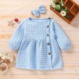 2-piece Toddler Button Design Textured Long-sleeve Dress and Headband Set