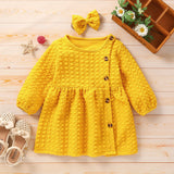 2-piece Toddler Button Design Textured Long-sleeve Dress and Headband Set