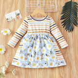 Toddler Girl Pocket Design Stripe SolidFloral Print Long-sleeve Dress