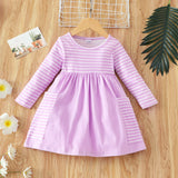 Toddler Girl Pocket Design Stripe SolidFloral Print Long-sleeve Dress