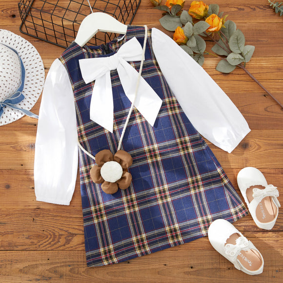 Toddler Girl Bowknot Design Long-sleeve Plaid Dress