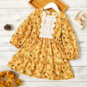 Toddler Girl Floral Print Lace Design Long-sleeve Dress