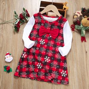 Toddler Girl Christmas Plaid Snowflake Print Bowknot Design Long-sleeve Dress