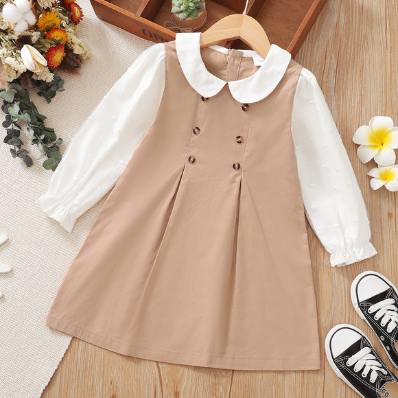 Toddler Girl 100% Cotton Doll Collar Button Design Colorblock Long sleeve Dress