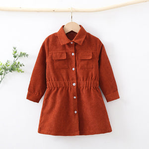 Toddler Girl Lapel Collar Button Design Long-sleeve Corduroy Dress