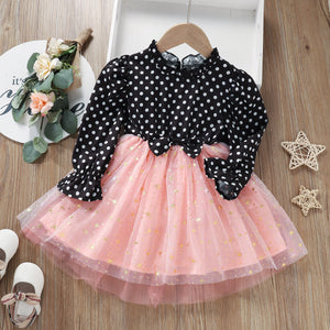 Toddler Girl Polka dots Ruffled Long-sleeve Glitter Design Mesh Dress