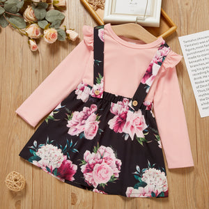 2 piece Toddler Girl Flutter Long sleeve Pink Top and Floral Print Suspender Skirt Set