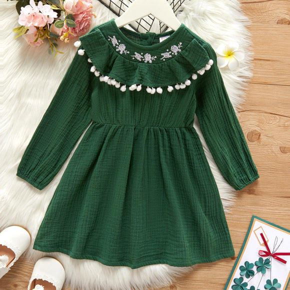 Toddler Girl 100% Cotton Floral Embroidered Flounce Pompom Design Long sleeve Dress