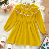 Toddler Girl 100% Cotton Floral Embroidered Flounce Pompom Design Long sleeve Dress