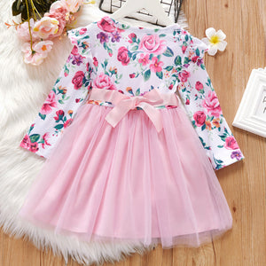 Toddler Girl Floral Print Bowknot Design Mesh Stitching Long-sleeve Dress