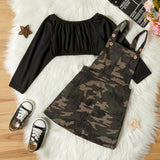 2-piece Toddler Girl Off Shoulder Leopard PrintBlack Long-sleeve Top and BlackCamouflage Overall Dress Set