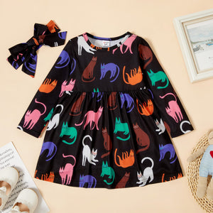 2 piece Toddler Girl Cat Print Long sleeve Dress and Headband Set