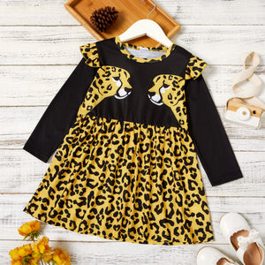 Toddler Girl Leopard Print Flutter Long-sleeve Splice Dress