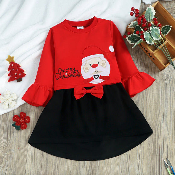 2-piece Toddler Girl Christmas Santa Letter Embroidered Bell sleeves Red Top and Bowknot Design Black Skirt Set