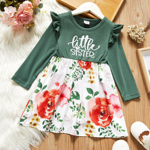 Toddler Girl Letter Print Ruffled Floral Print Stitching Long-sleeve Dress