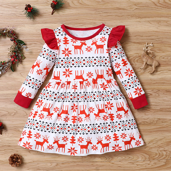 Toddler Girl Christmas Deer Snowflake Print Ruffled Long-sleeve Dress