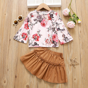 2-piece Toddler Girl Floral Print Long-sleeve Tee and Ruffled Skirt Set