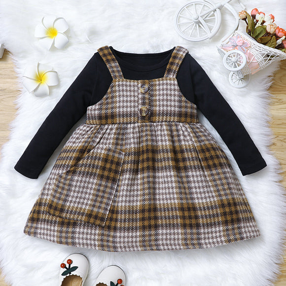 Toddler Girl Faux-two Button Design Plaid Tweed Dress