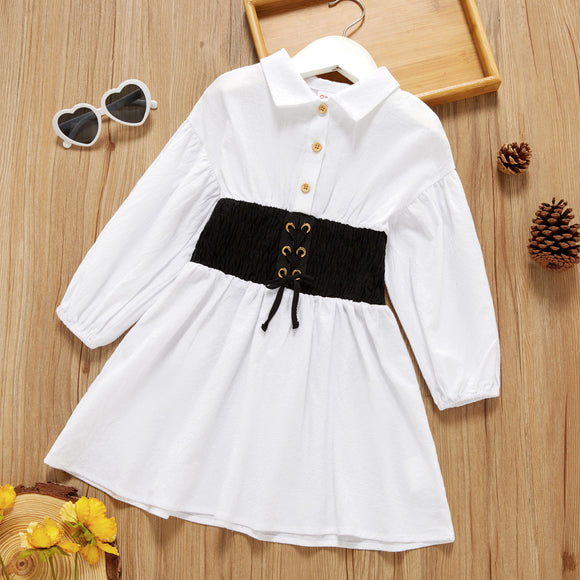 Toddler Girl 100% Cotton Waist Eyelet Lace-up Button Design Long-sleeve Dress