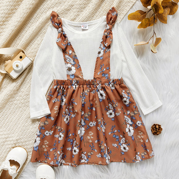 Toddler Girl Bowknot Design Faux-two Floral Print Stitching Dress