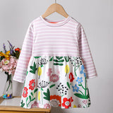 Toddler Girl Striped Floral PrintAnimalBuilding Stitching Long-sleeve Dress