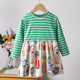 Toddler Girl Striped Floral PrintAnimalBuilding Stitching Long-sleeve Dress