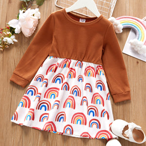 Toddler Girl Waffle Rainbow Print Stitching Long-sleeve Dress