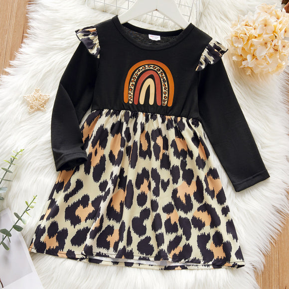 Toddler Girl Leopard Print Flutter Long-sleeve Splice Dress