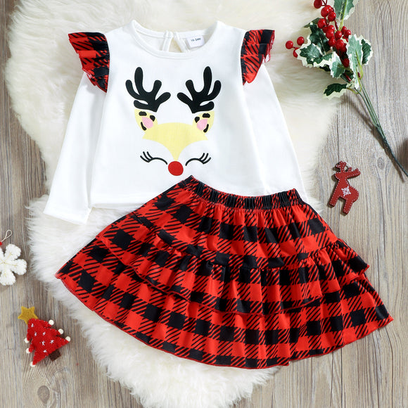 2 piece Toddler Girl Christmas Deer Patterned Ruffled Long sleeve Top and Plaid Layered Skirt Set