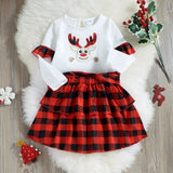 2 piece Toddler Girl Christmas Deer Patterned Ruffled Long sleeve Top and Plaid Layered Skirt Set