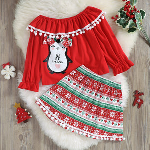 2-piece Toddler Girl Christmas Animal Print Flounce Pompom Design Long-sleeve Red Top and Snowflake Geo Pattern Skirt Set