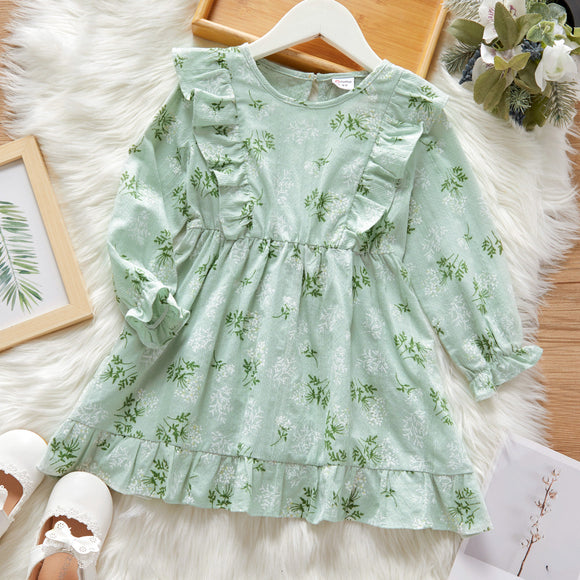 Toddler Girl 100% Cotton Floral Print Ruffled Long-sleeve Dress