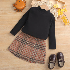 2 piece Toddler Girl Mock Neck Ribbed Long sleeve Black Top and Button Design Plaid Skirt Set