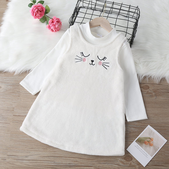 2-piece Toddler Girl Long-sleeve White Top and Cat Embroidered Fuzzy Overall Dress Set