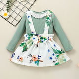 2 piece Toddler Girl Schiffy Design Ribbed Long sleeve Top and Floral Print Suspender Skirt Set