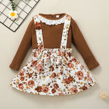 2 piece Toddler Girl Schiffy Design Ribbed Long sleeve Top and Floral Print Suspender Skirt Set