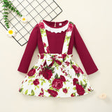 2 piece Toddler Girl Schiffy Design Ribbed Long sleeve Top and Floral Print Suspender Skirt Set