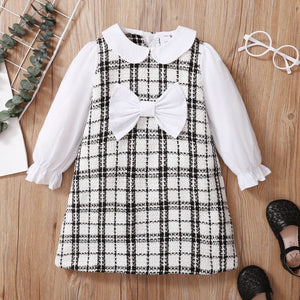 Toddler Girl 100% Cotton Doll Collar Bowknot Design Plaid Long sleeve Tweed Dress